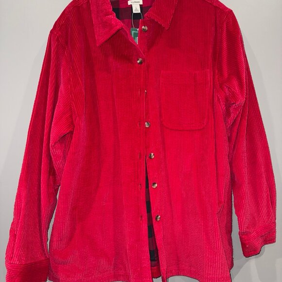 LL Bean Wide Wale Corduroy Button Down Shirt Small L Red Flannel Lined Shacket - Picture 1 of 7